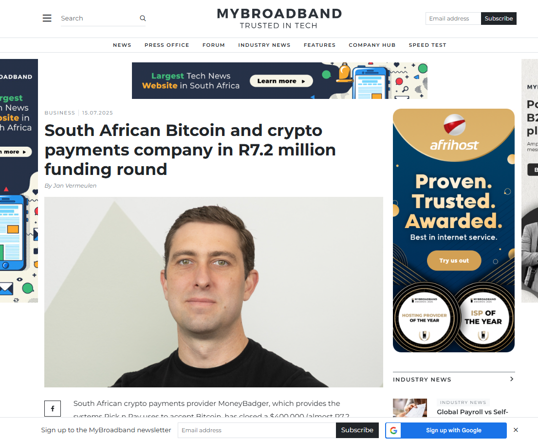 MoneyBadger in MyBroadband: South African Bitcoin and crypto payments company in R7.2 million funding round