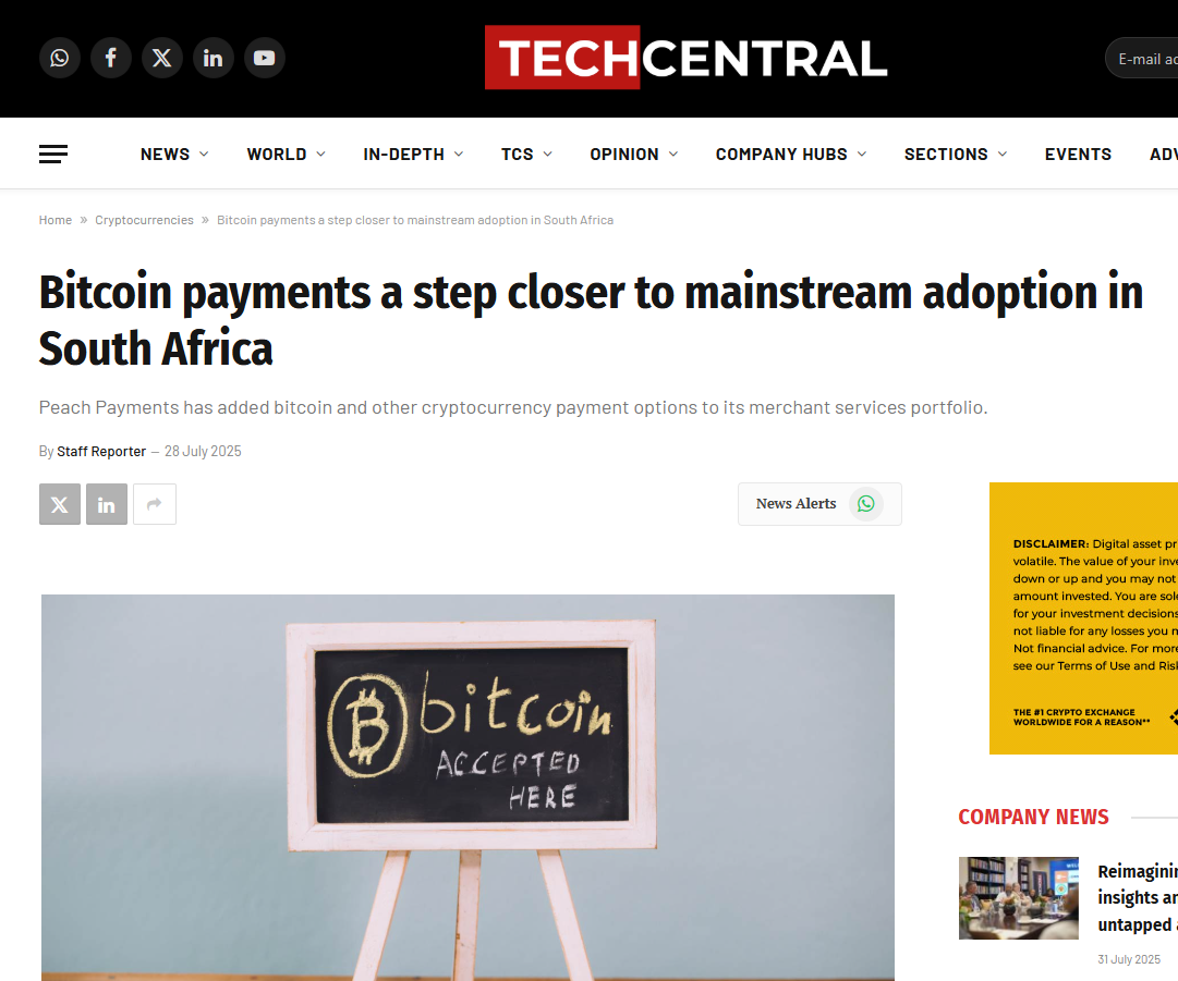 Peach Payments & MoneyBadger in TechCentral: Bitcoin payments a step closer to mainstream adoption in South Africa